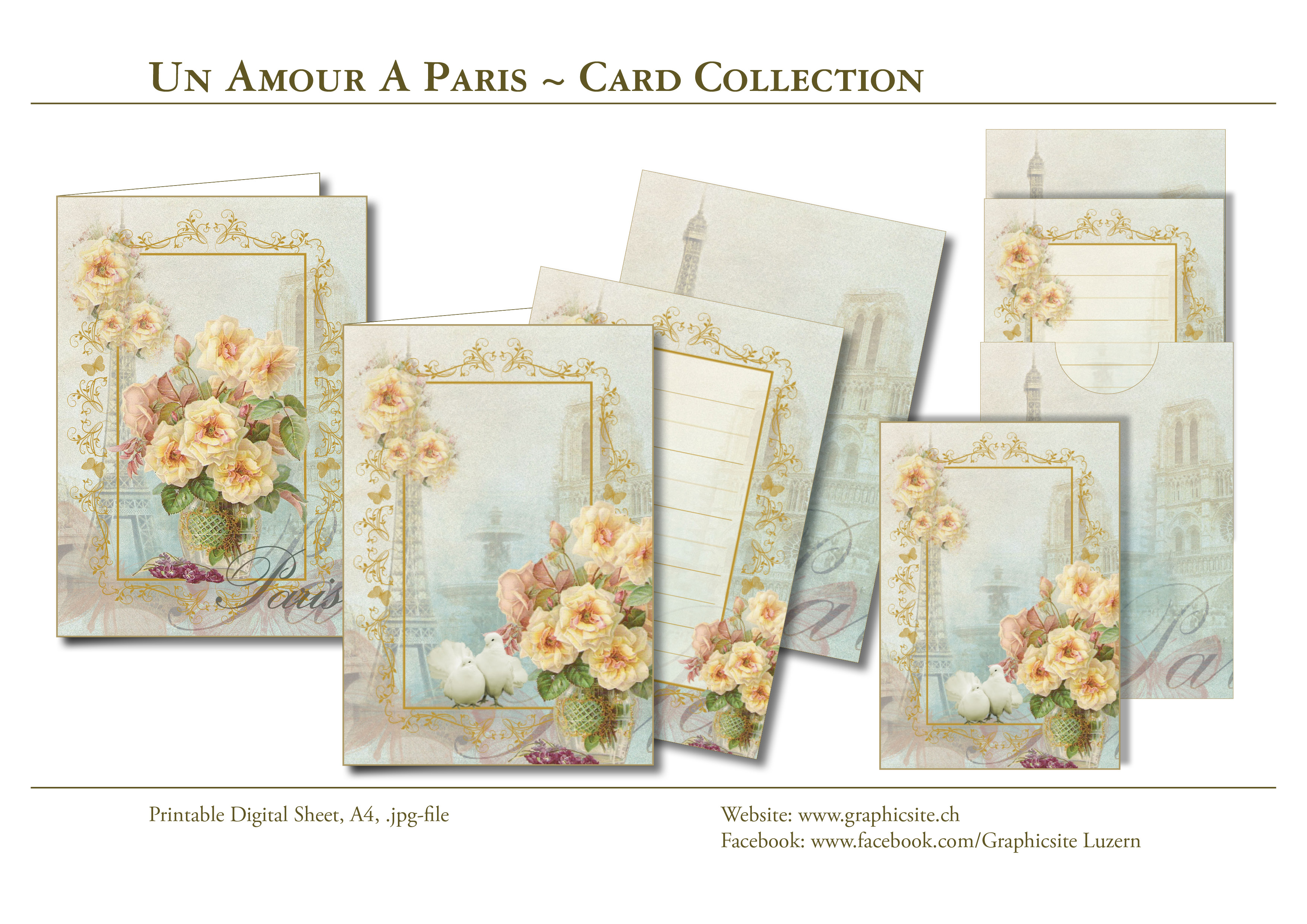 Printable Digital Sheets - Collections - Card Collection - Un Amour A Paris - Greeting Cards, Love Cards, Paris, French, Vintage, romantic, flowers, Floral, Graphicdesign, Luzern, Schweiz
